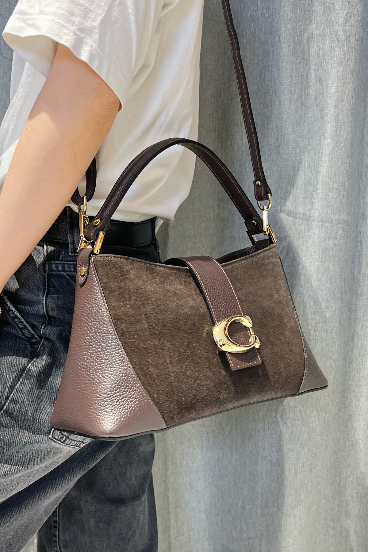 ZZ169 Brown Leather Suede Shoulder Bag