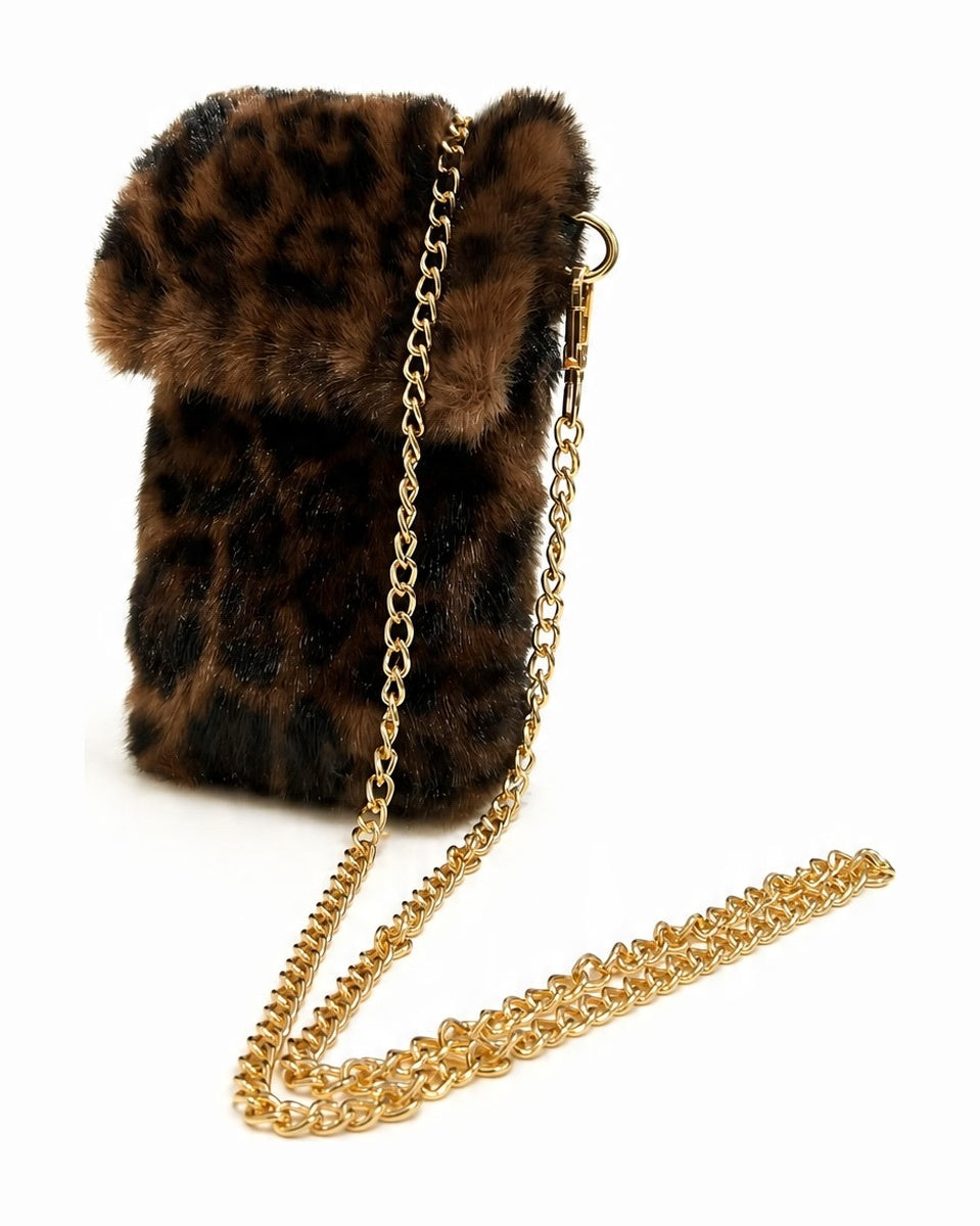 JA023 Brown Leopard Faux Fur Chain Phone Bag