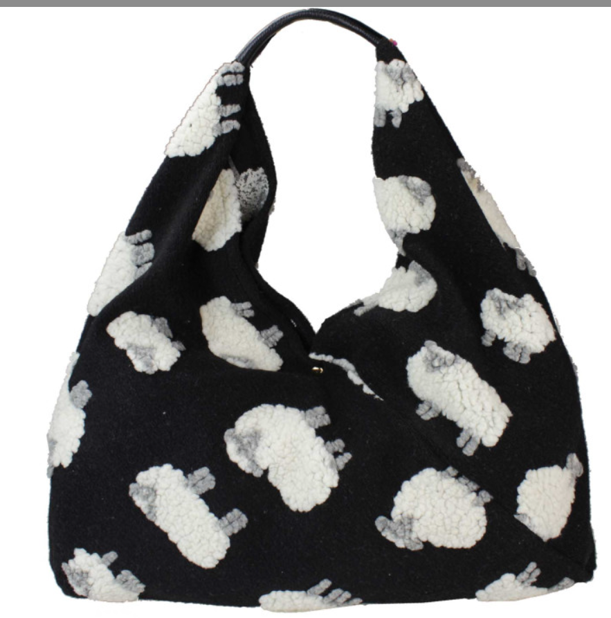 923 Italian Black Sheep Wool Handbag w/ Leather Handle