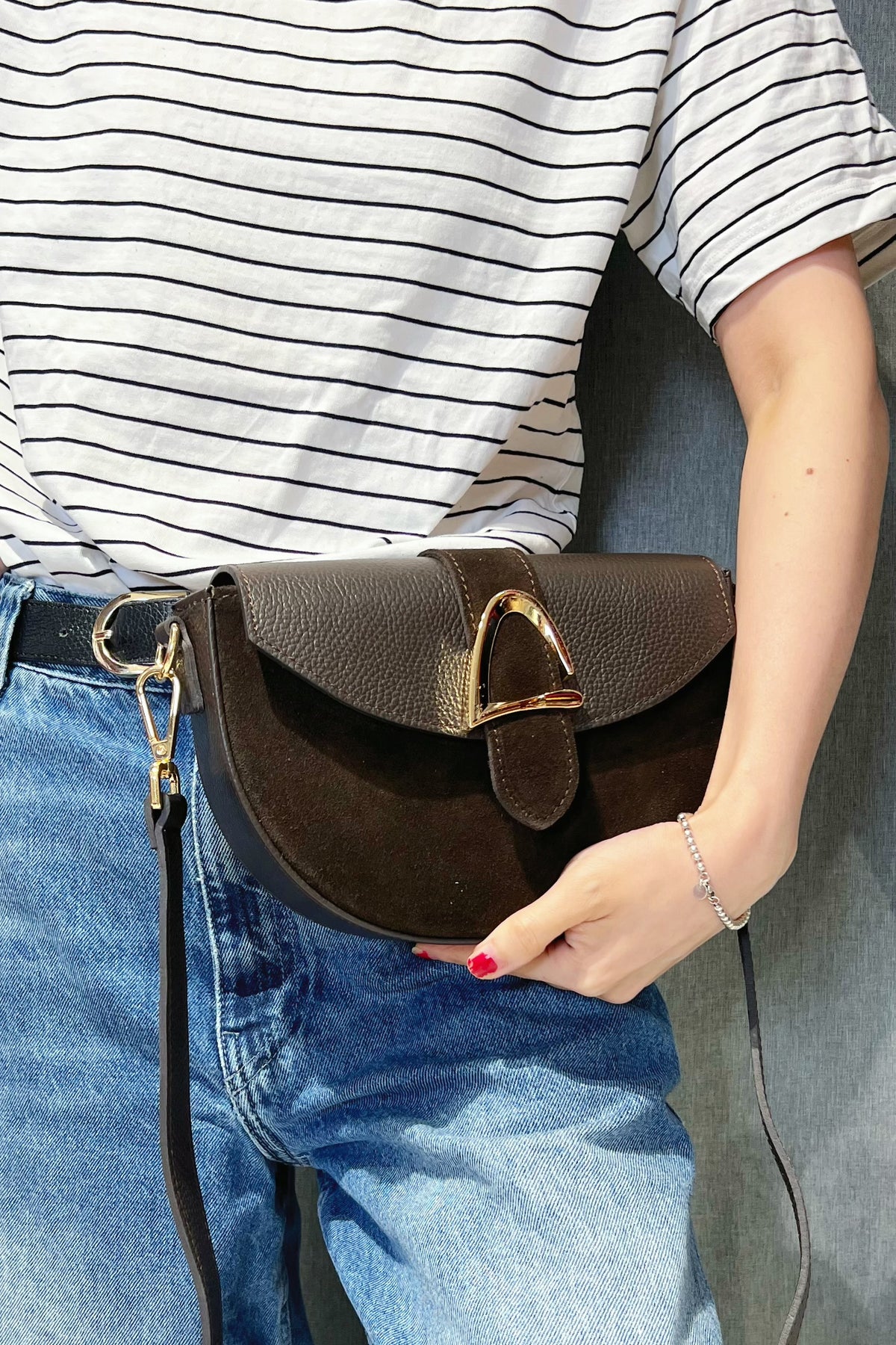 ZZ173 Brown Leather Suede Crossbody Bag