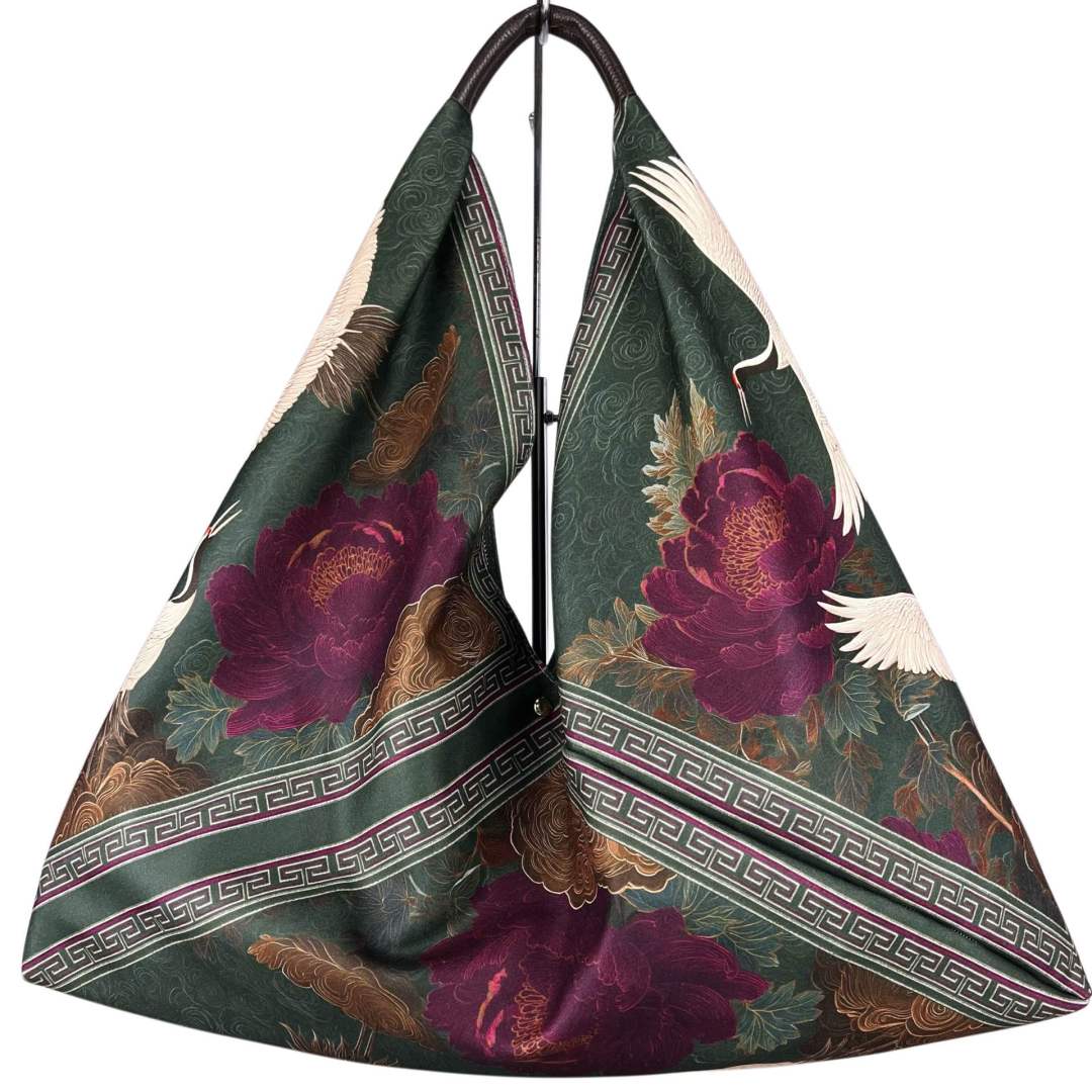 MI502 Dark Green Crane & Peony Print Triangle Bag