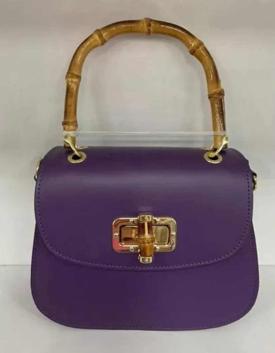 STBPU Purple Italian Leather Crossbody Bag w/Bamboo Handles