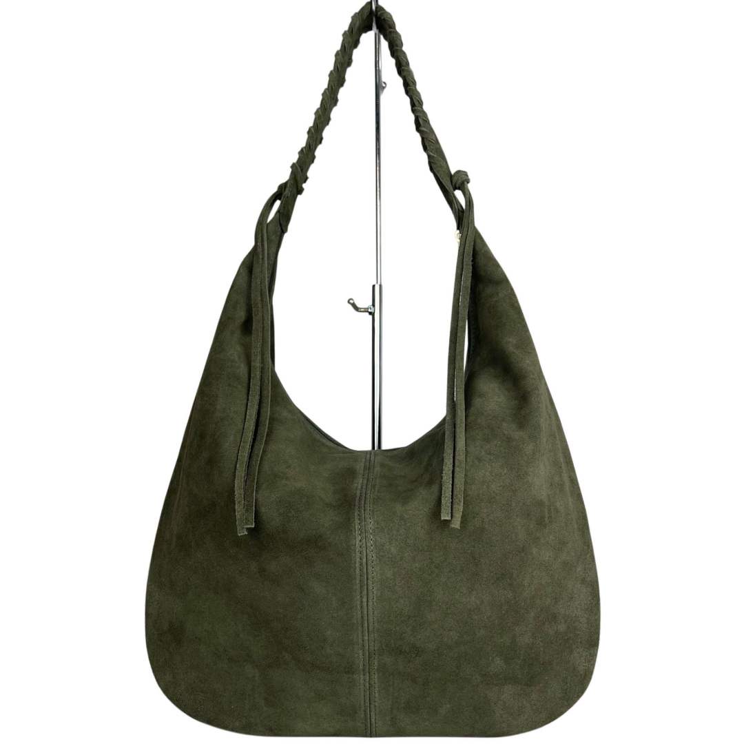 Mi077 Olive Suede Woven-Handle Tote