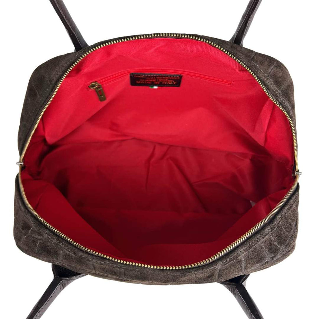 Mi168 Dark Brown Croco-Print Suede Bowling Bag