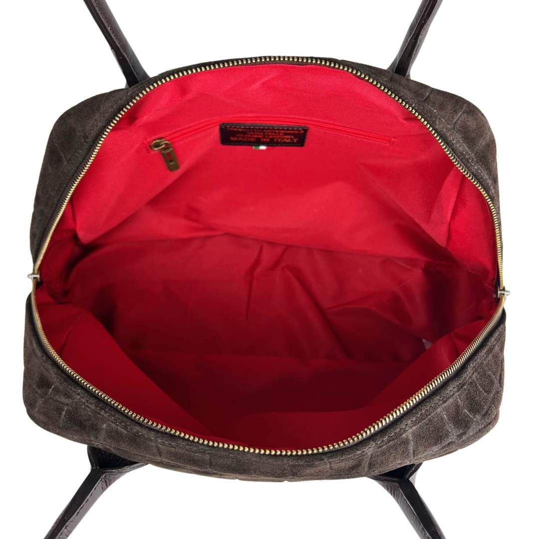 Mi168 Dark Brown Croco-Print Suede Bowling Bag