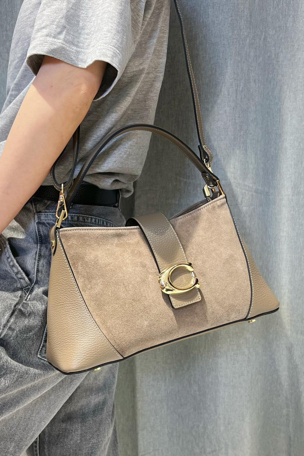 ZZ033 Taupe Leather Suede Shoulder Bag