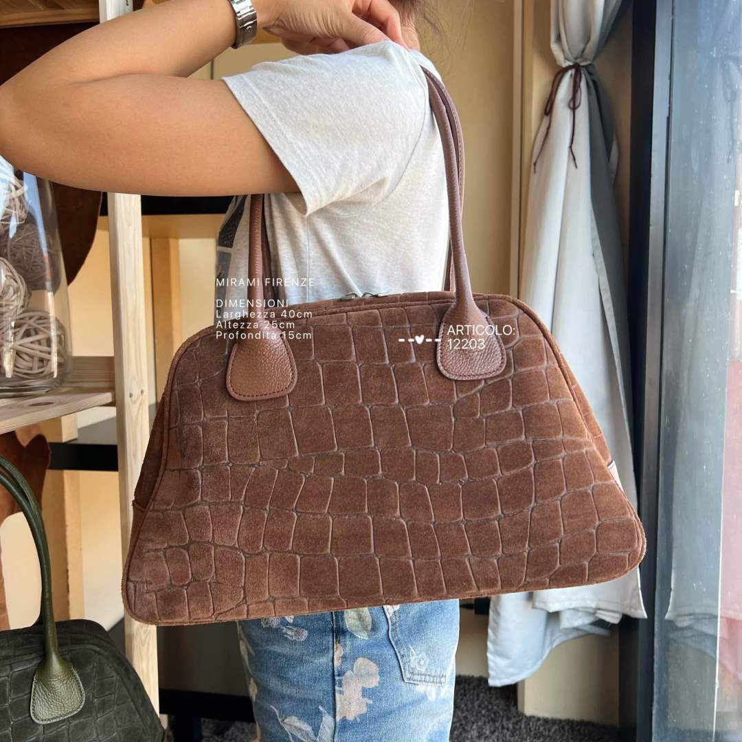 Mi169 Brown Croco-Print Suede Bowling Bag