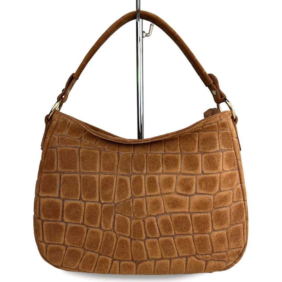 Mi154 Tan Croco-Print Suede Hobo Bag