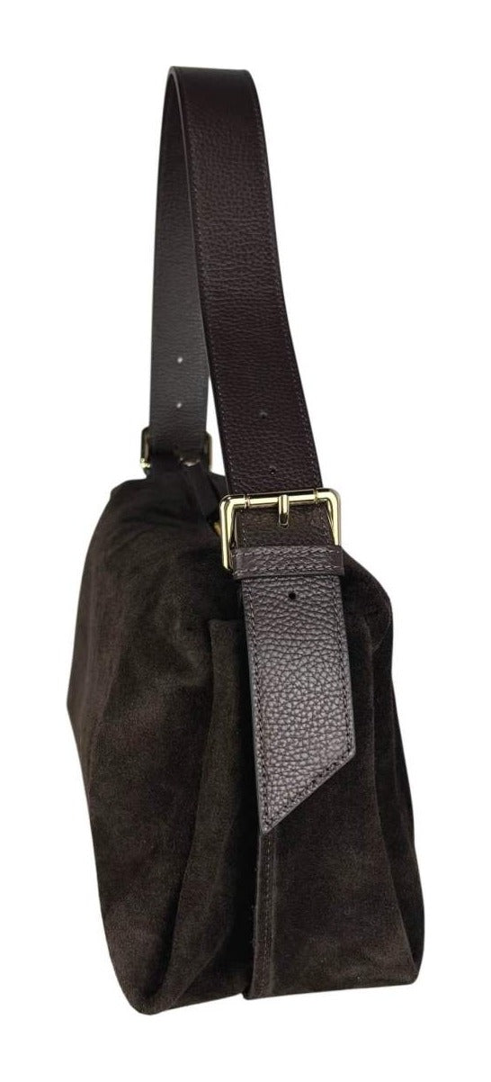 MI571 Dark Brown Suede Buckle Shoulder Bag
