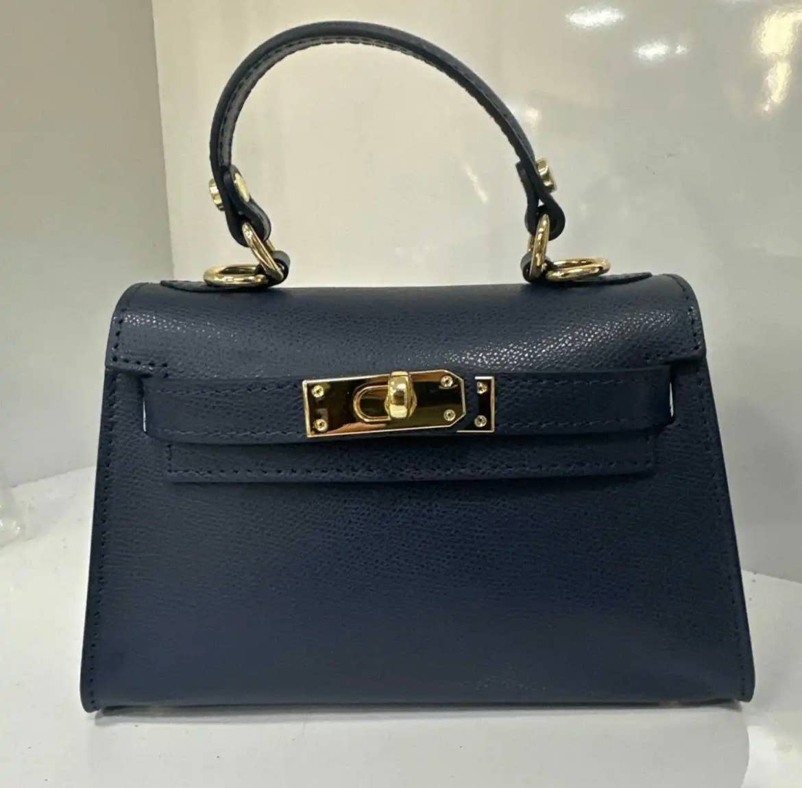 MELNA Navy Blue Small Italian Leather Structured Bag