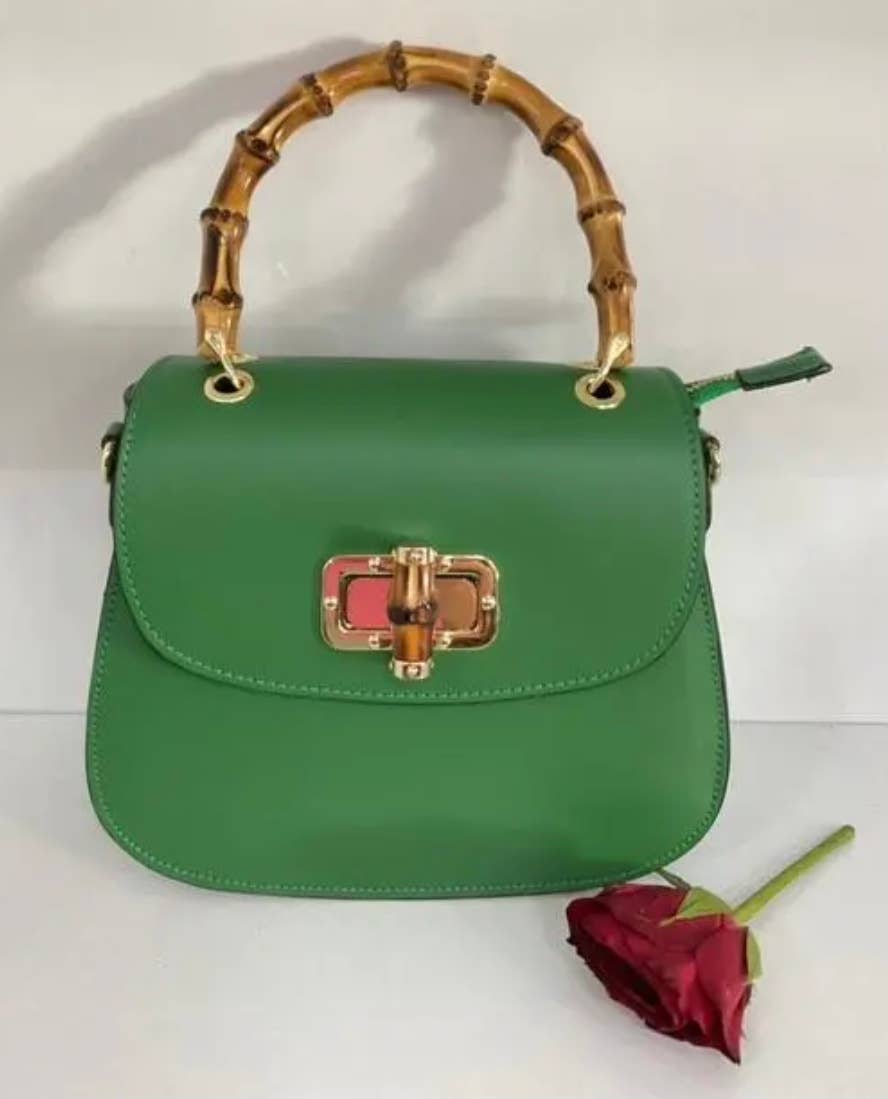 STBGR Green Italian Leather Crossbody Bag w/Bamboo Handles