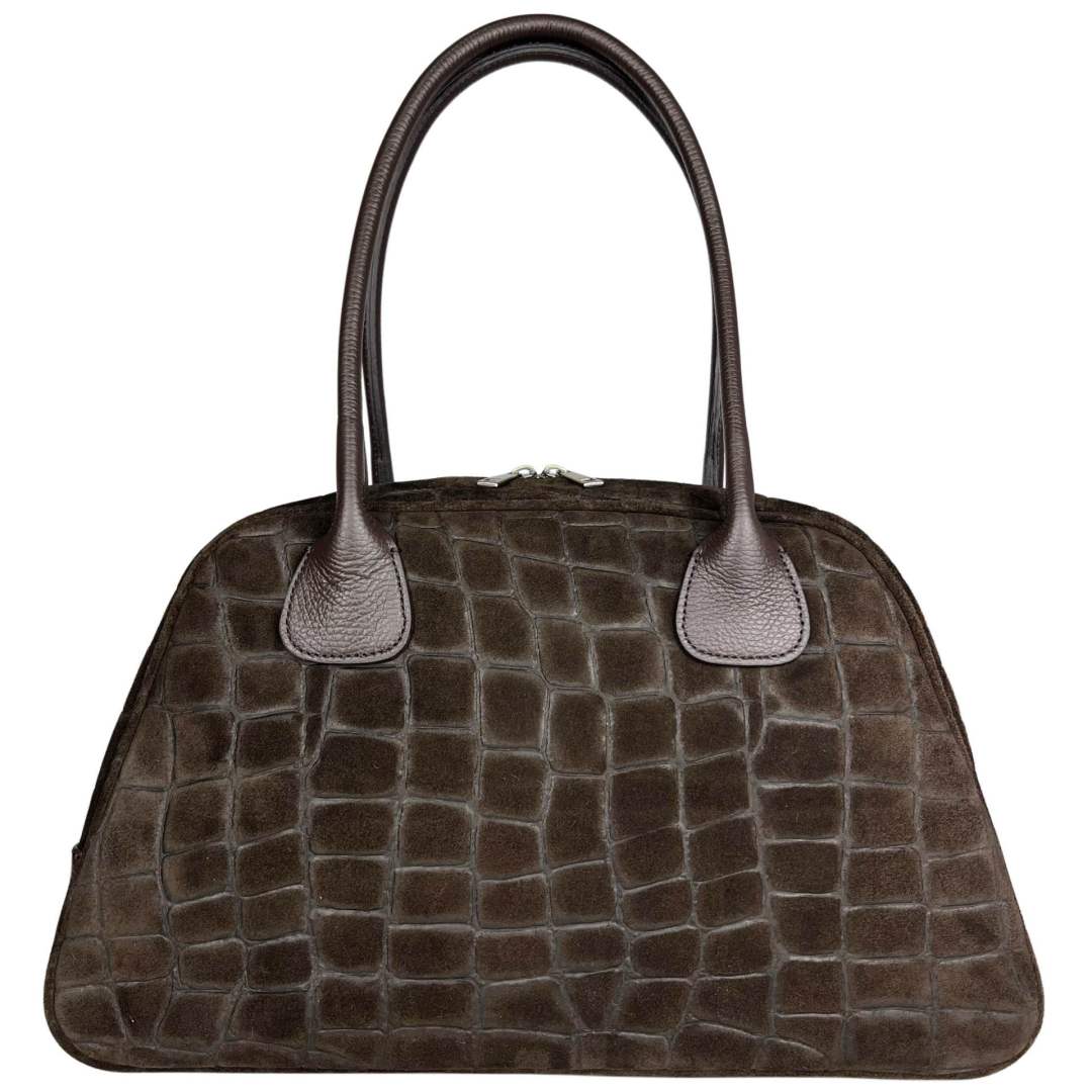 Mi168 Dark Brown Croco-Print Suede Bowling Bag