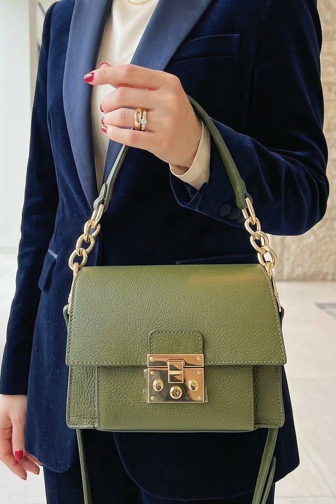 ZZ191 Khaki Grained Leather Top Handle Bag