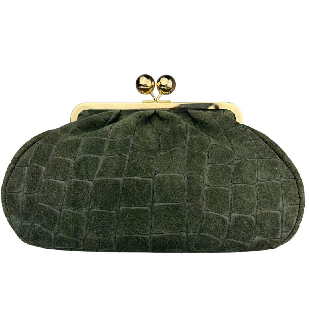 Mi276 Olive Suede Croco-Print Clip Clutch