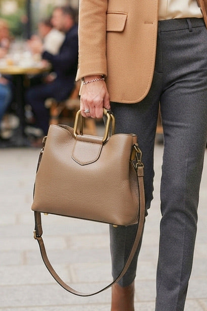 ZZ018 Taupe Grained Leather Handbag