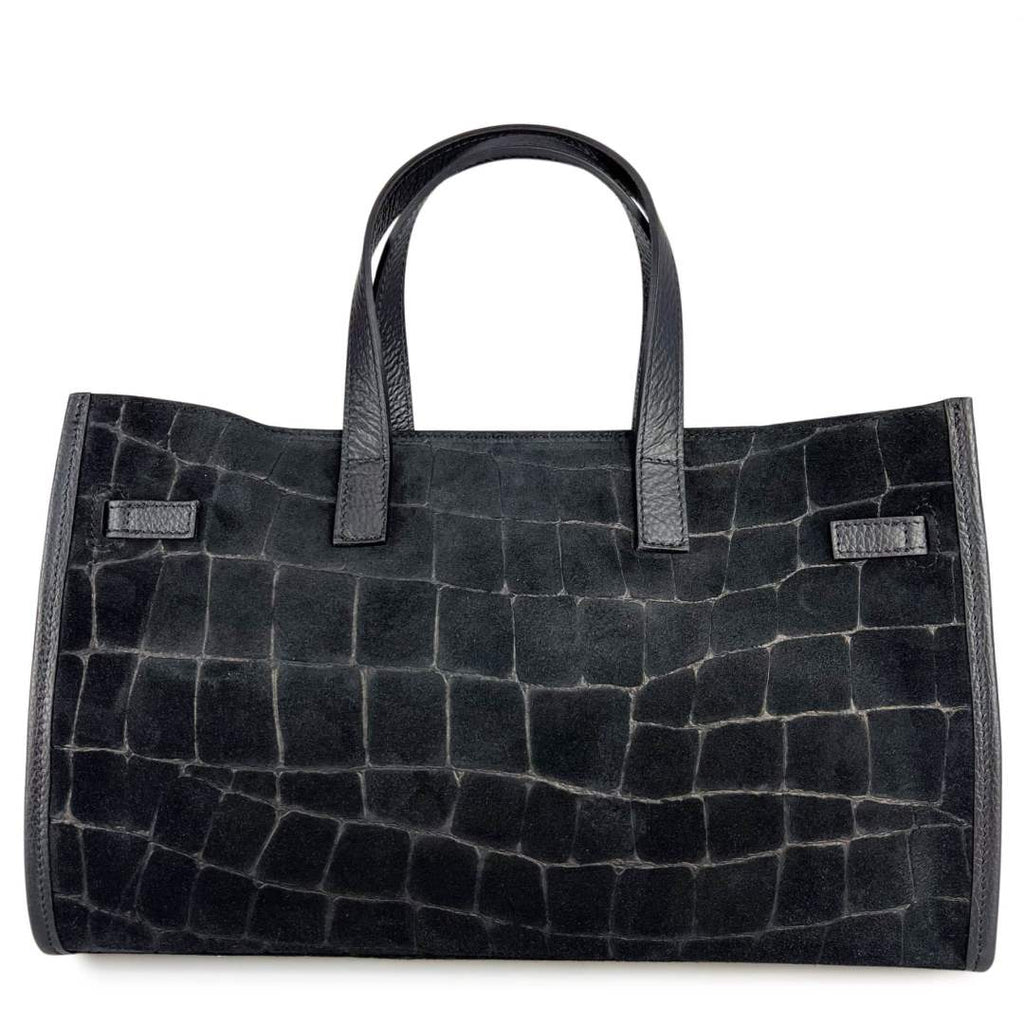 Mi131 Black Croco-Print Suede Tote