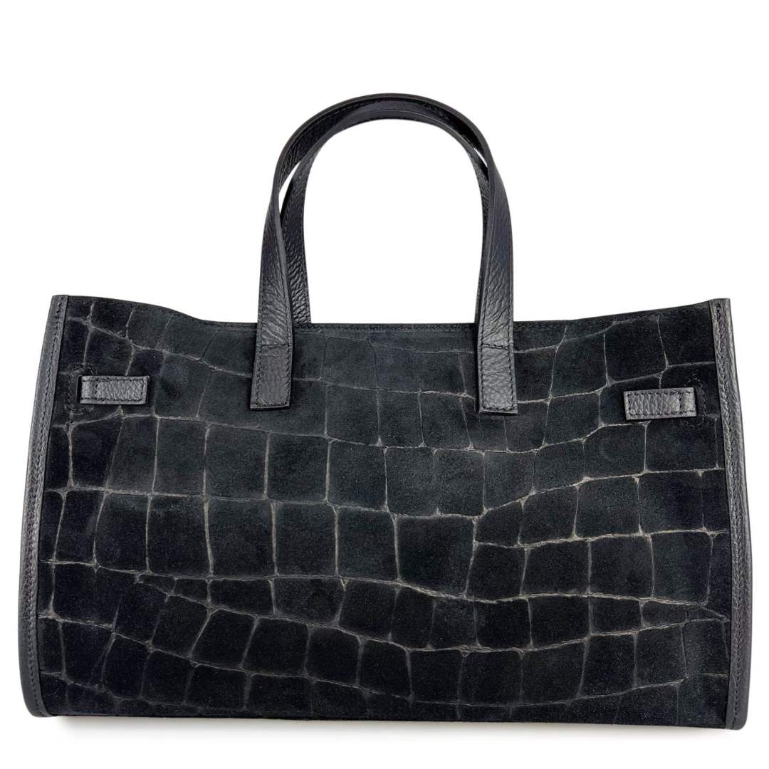 Mi131 Black Croco-Print Suede Tote