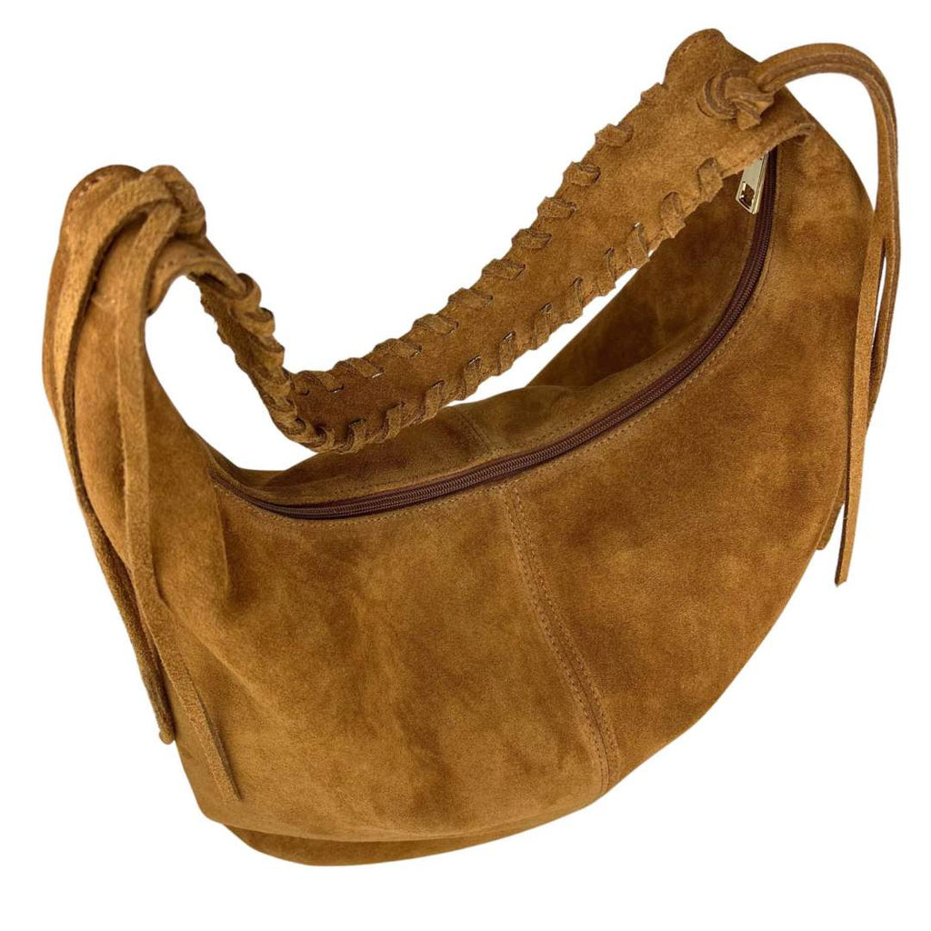 Mi073 Tan Suede Woven-Handle Tote