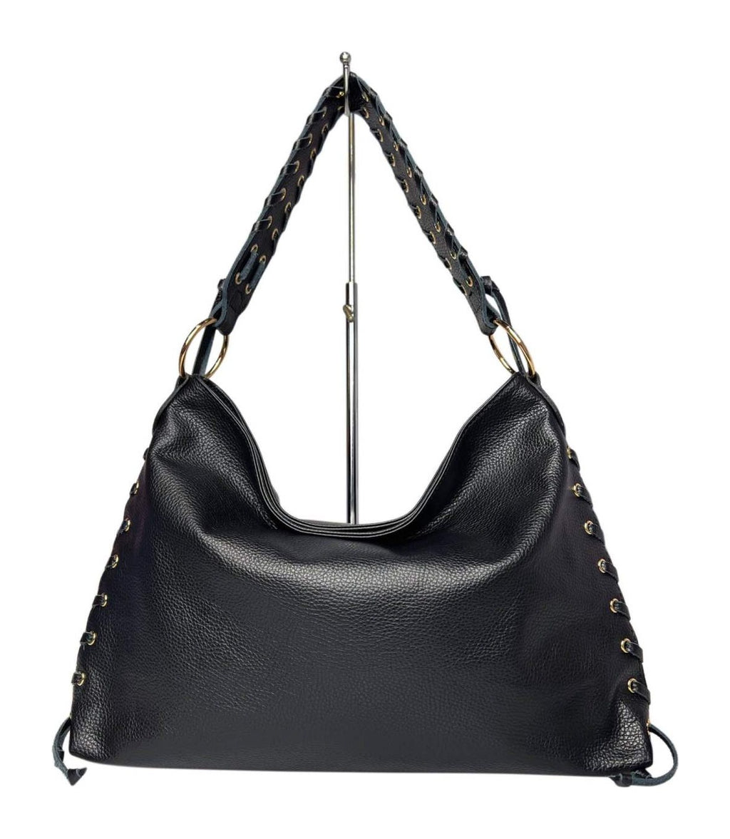 MI582 Black Leather Laced Hobo Bag