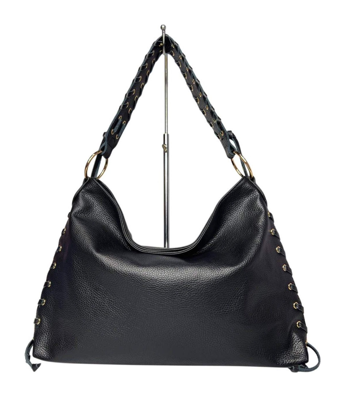 MI582 Black Leather Laced Hobo Bag