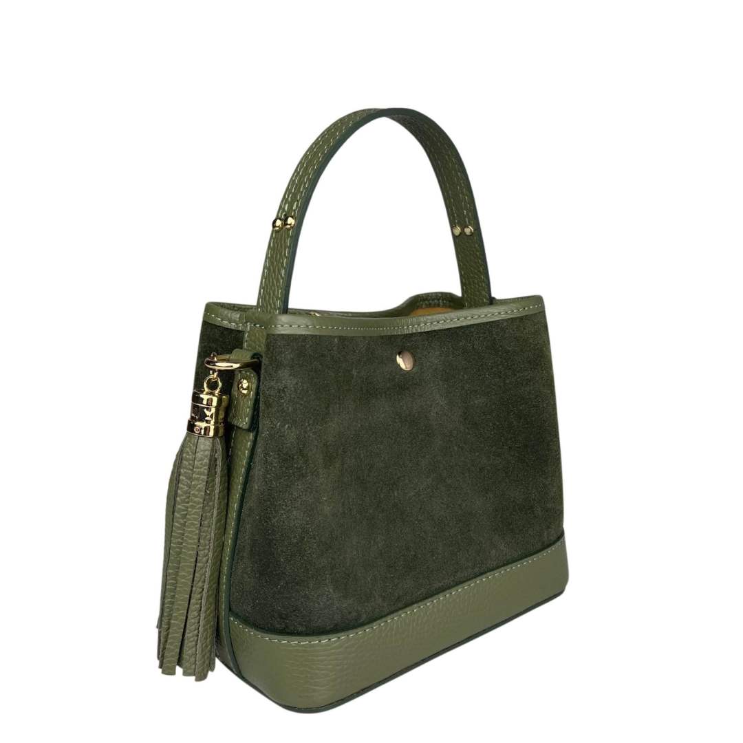 Mi142 Olive Tasseled Suede Bucket Bag