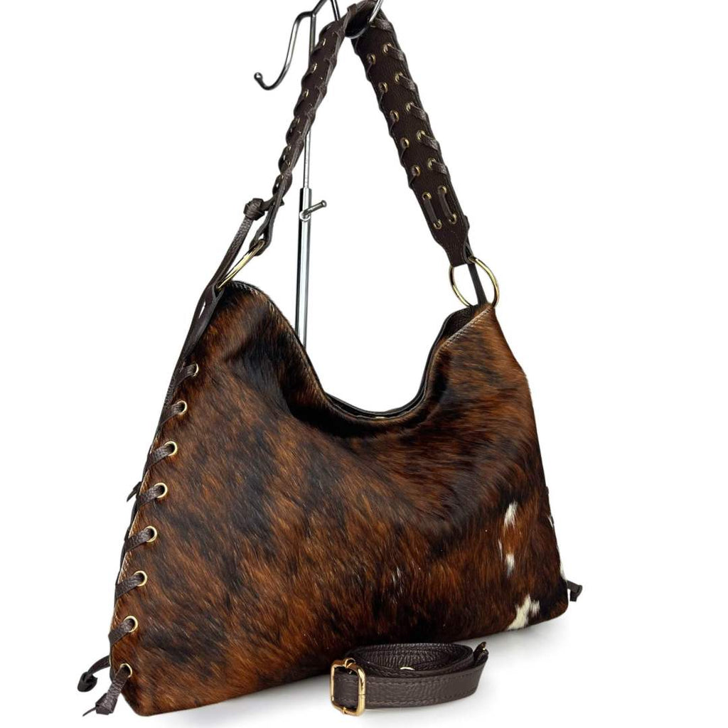 Mi121 Cow Print Pony Hair Woven-Trim Bag