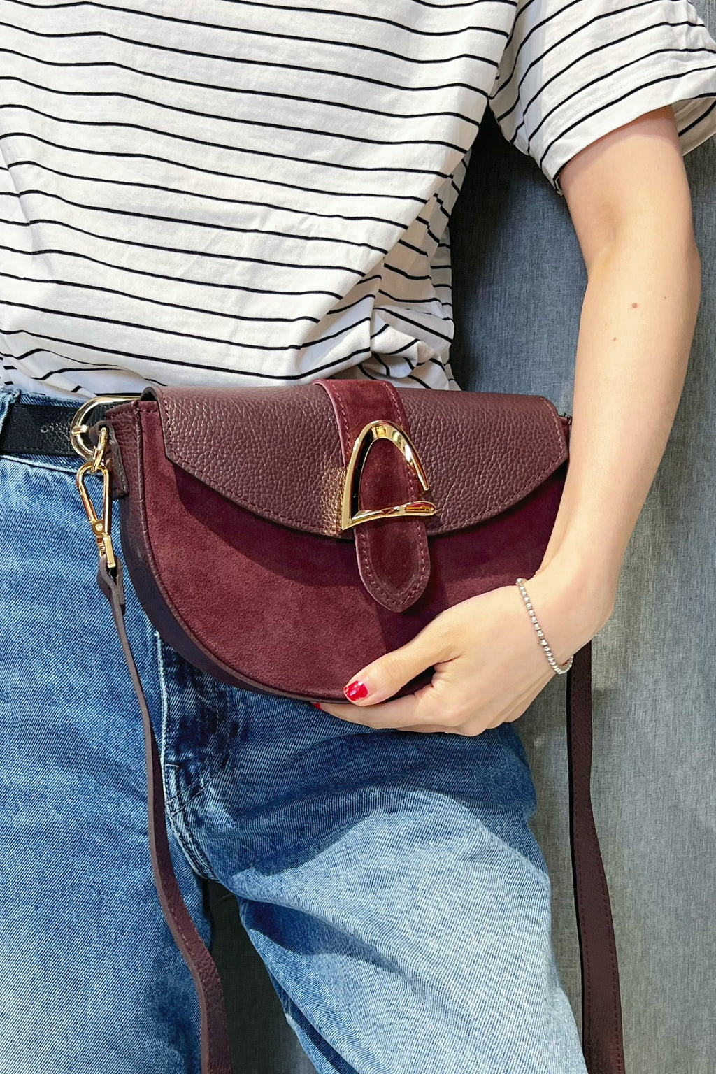 ZZ116 Burgundy Leather Suede Crossbody Bag