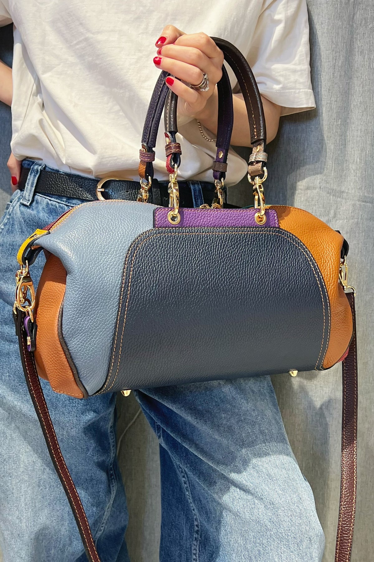 ZZ047 Navy Multicolor Leather Handbag