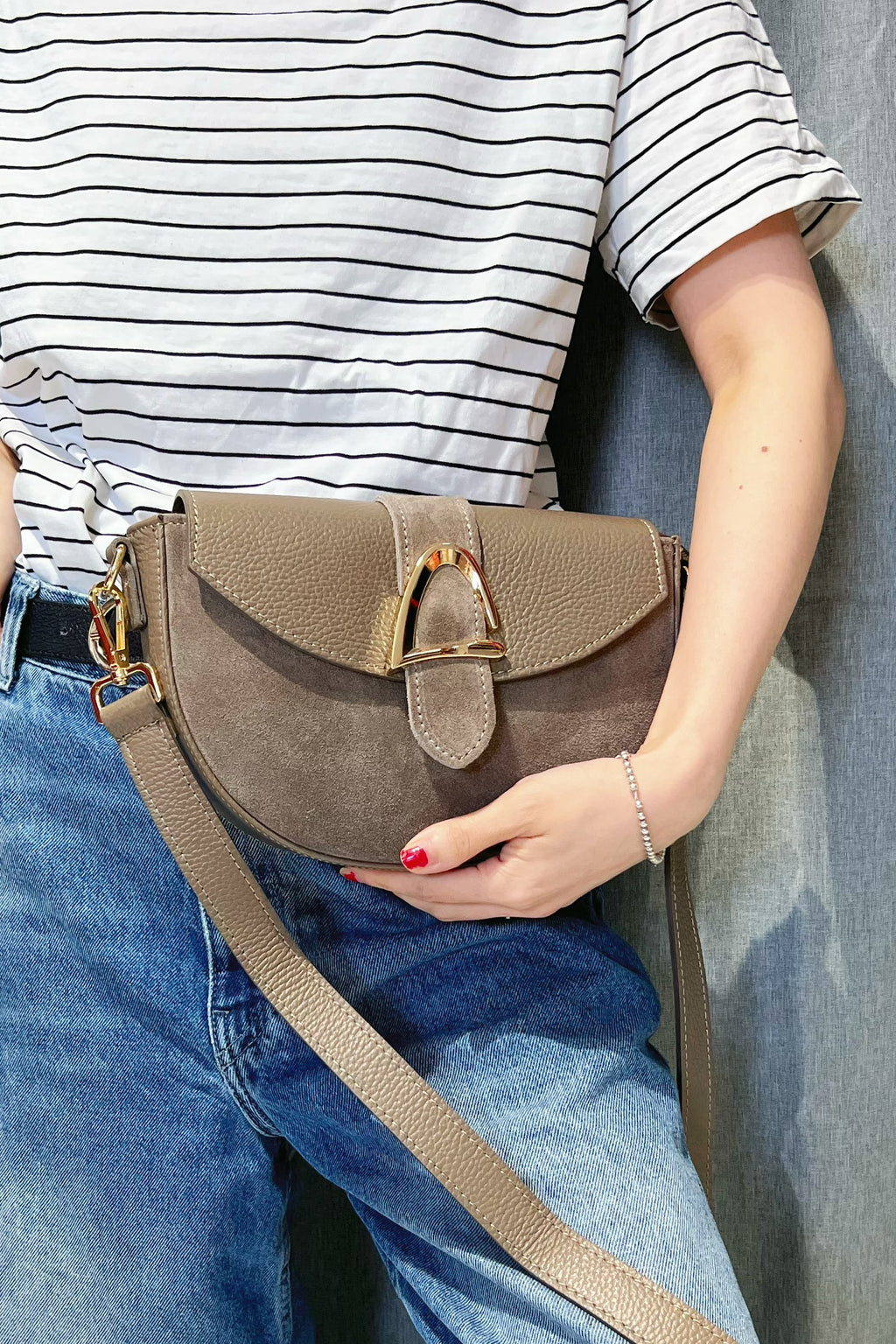 ZZ117 Taupe Leather Suede Crossbody Bag