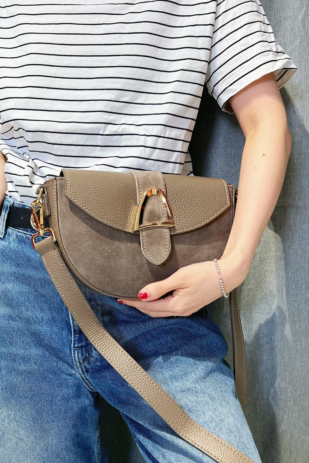 ZZ117 Taupe Leather Suede Crossbody Bag