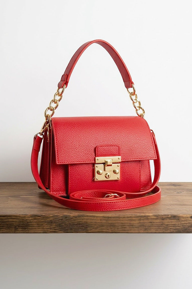 ZZ187 Red Grained Leather Top Handle Bag