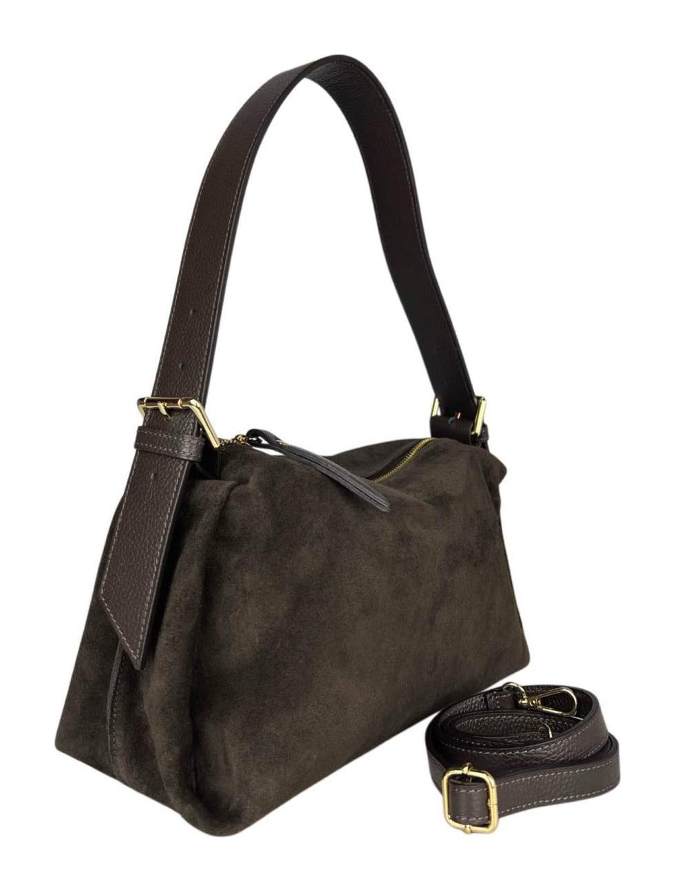 MI571 Dark Brown Suede Buckle Shoulder Bag