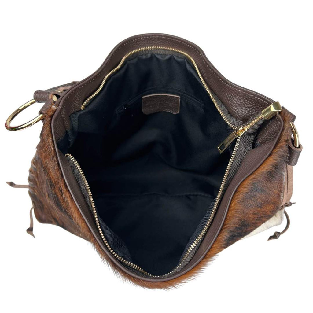 Mi121 Cow Print Pony Hair Woven-Trim Bag