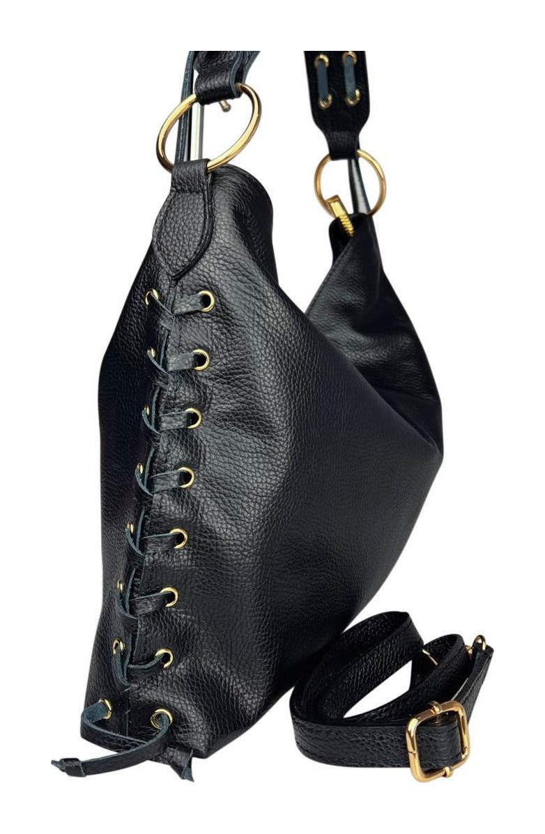 MI582 Black Leather Laced Hobo Bag