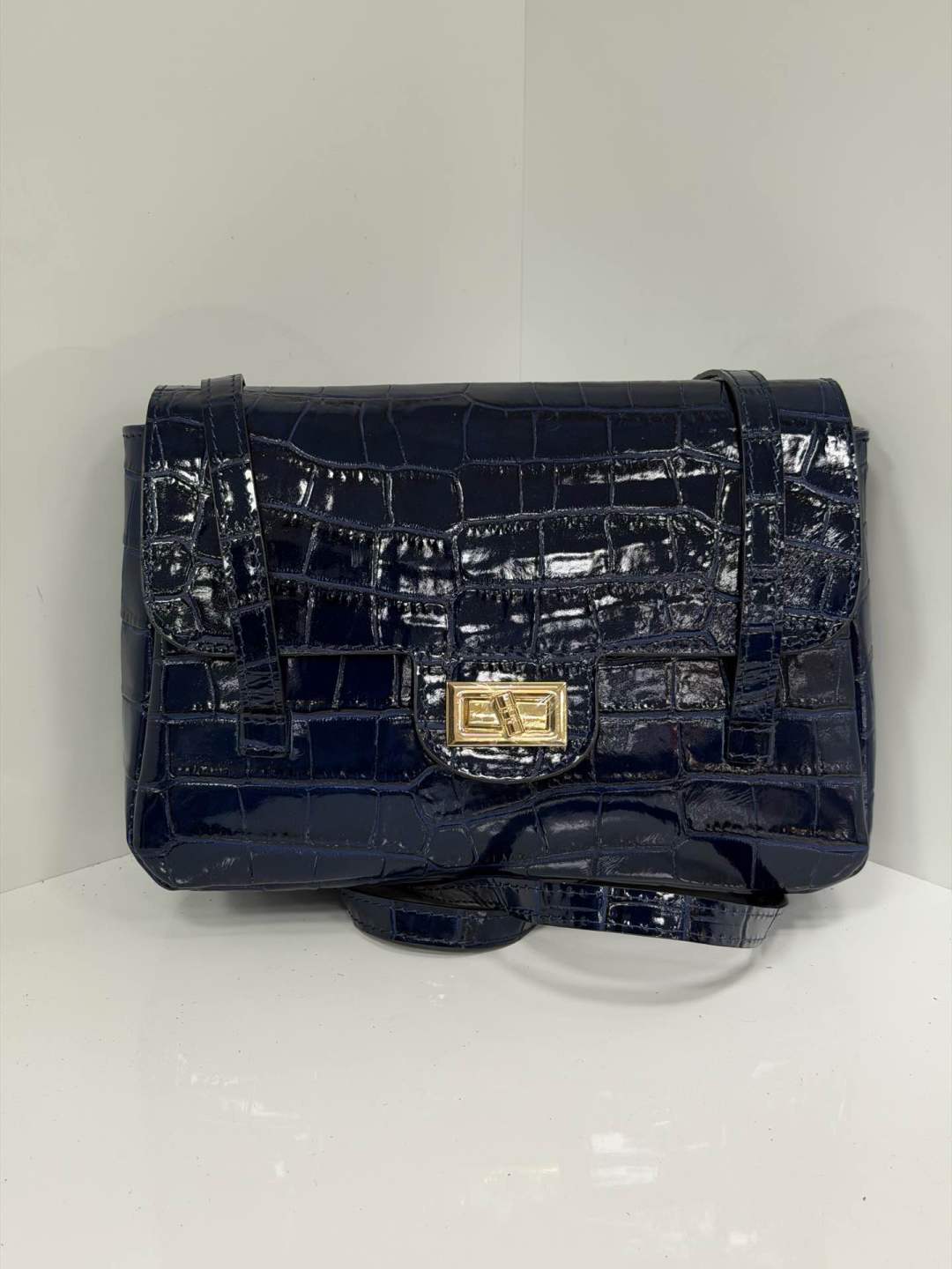 ST156 Navy Croco Print Leather Shoulder Bag