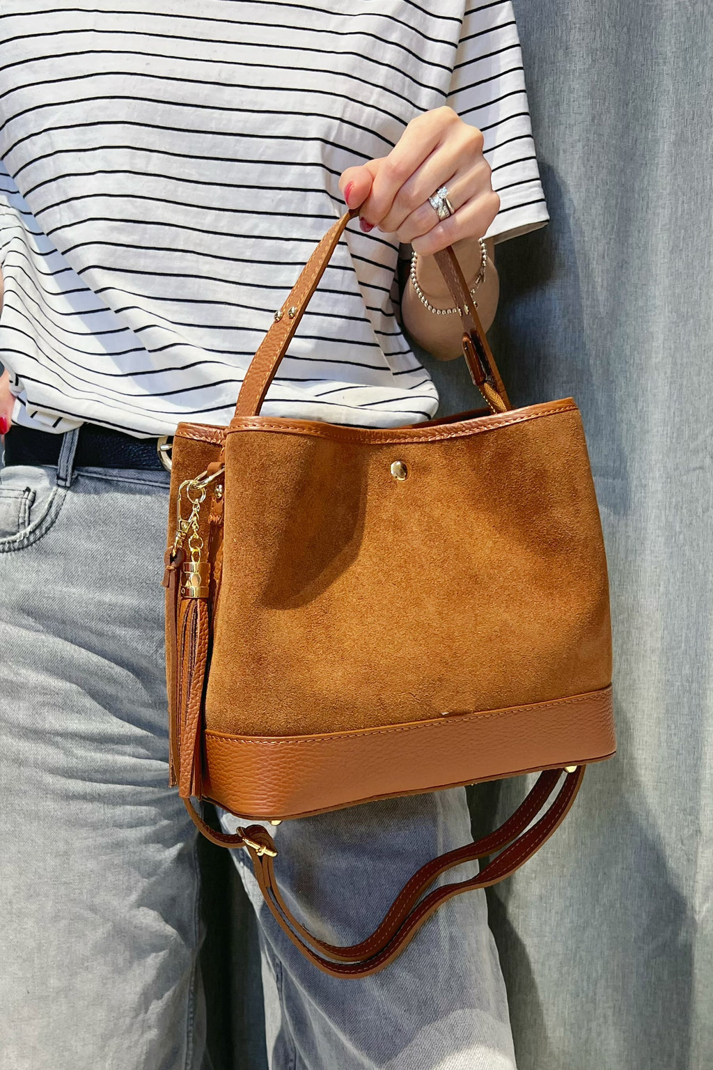 ZZ182 Camel Leather Suede Bucket Bag