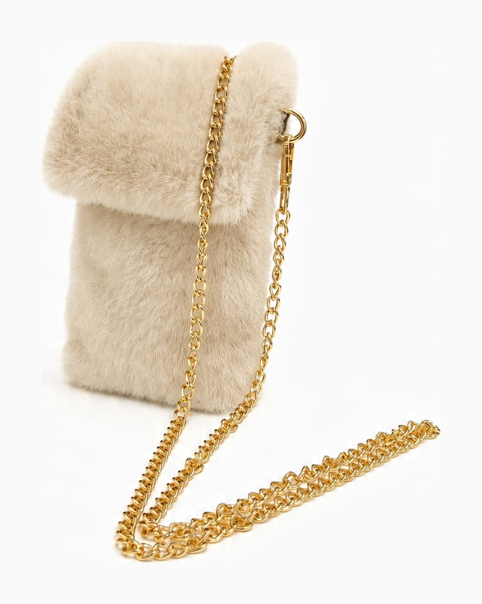 JA016 Beige Faux Fur Chain Phone Bag