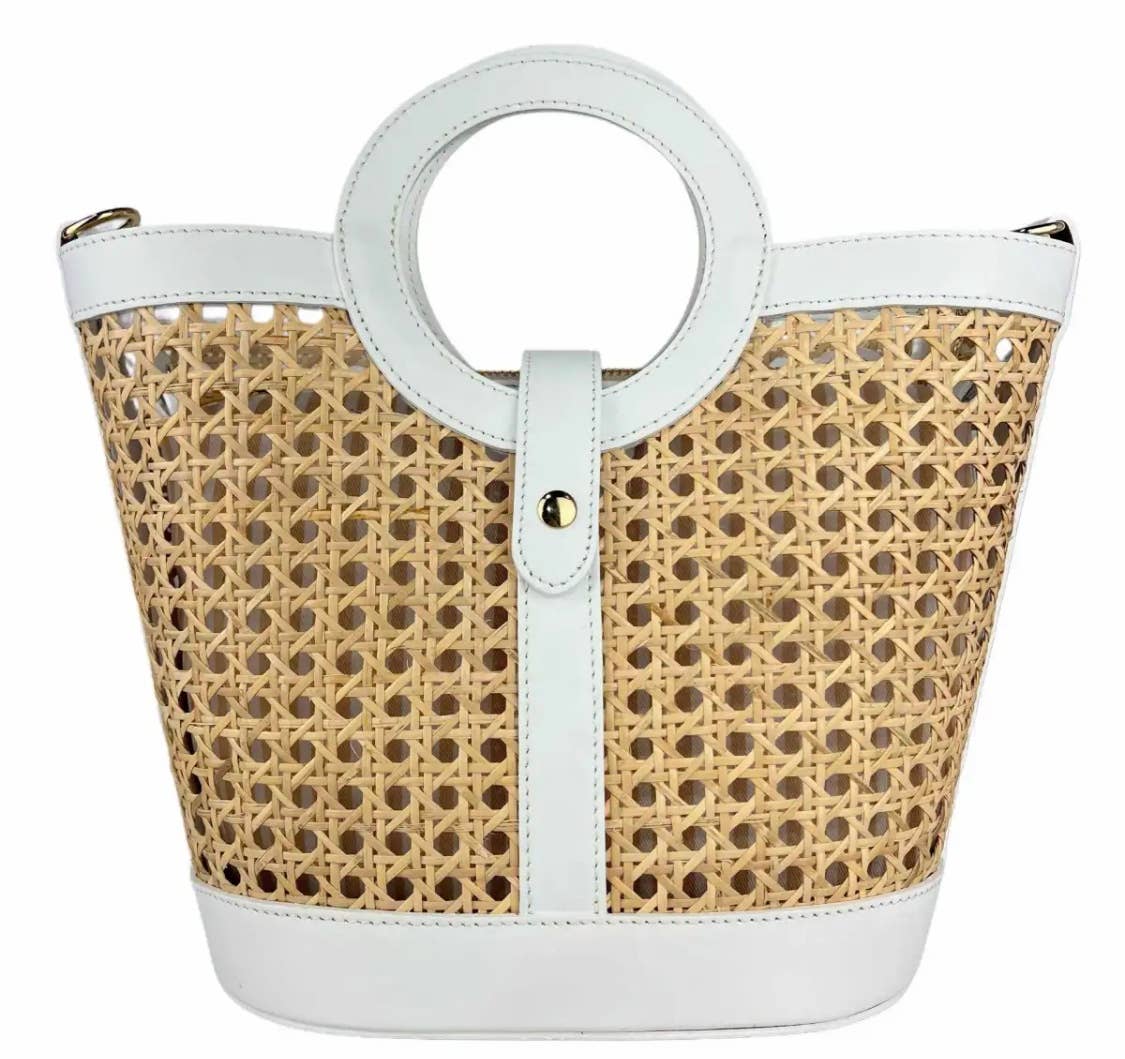 MIWW White Woven Leather Tote Bag with Round Handle