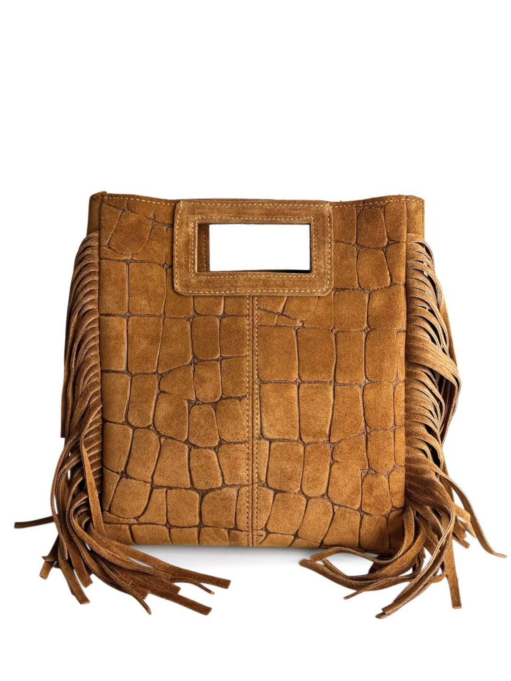Mi254 Tan Croco-Print Fringe Bag