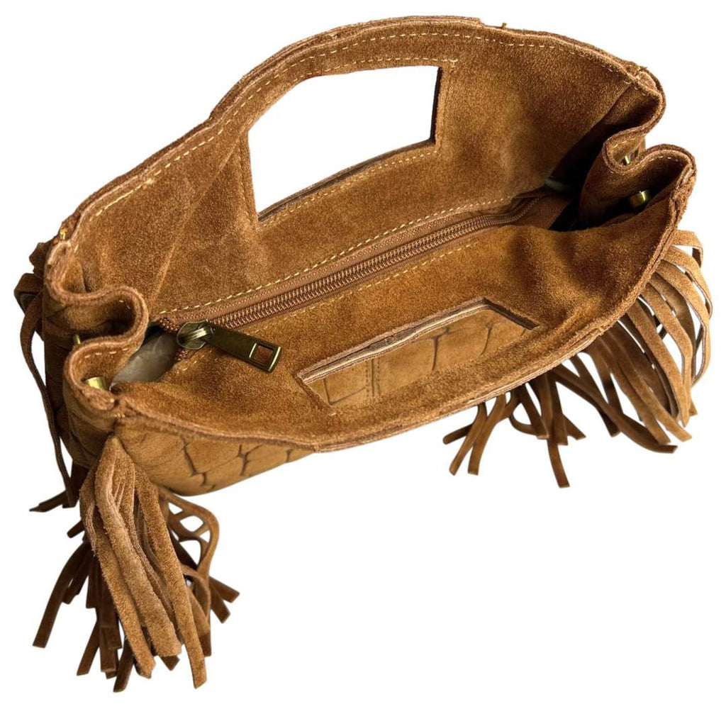 Mi254 Tan Croco-Print Fringe Bag