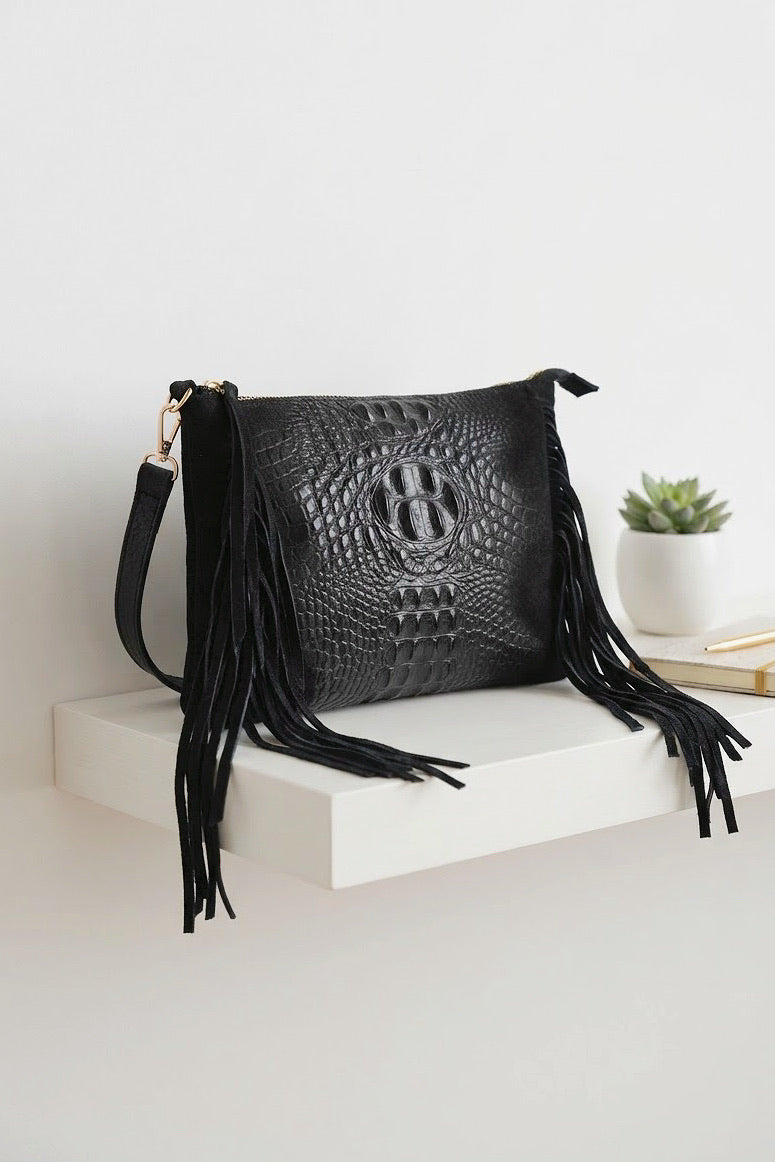 ZZ093 Black Croco Suede Fringe Crossbody Bag