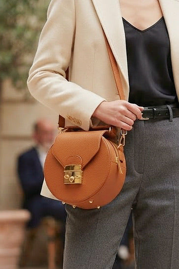 ZZ105 Camel Round Leather Crossbody Bag