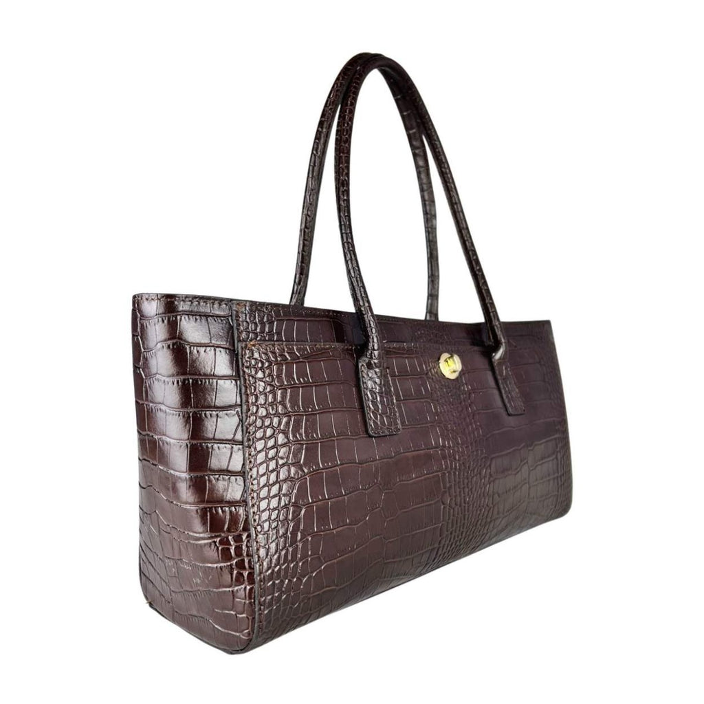 MI627 Dark Brown Croc-Print Leather Shoulder Bag