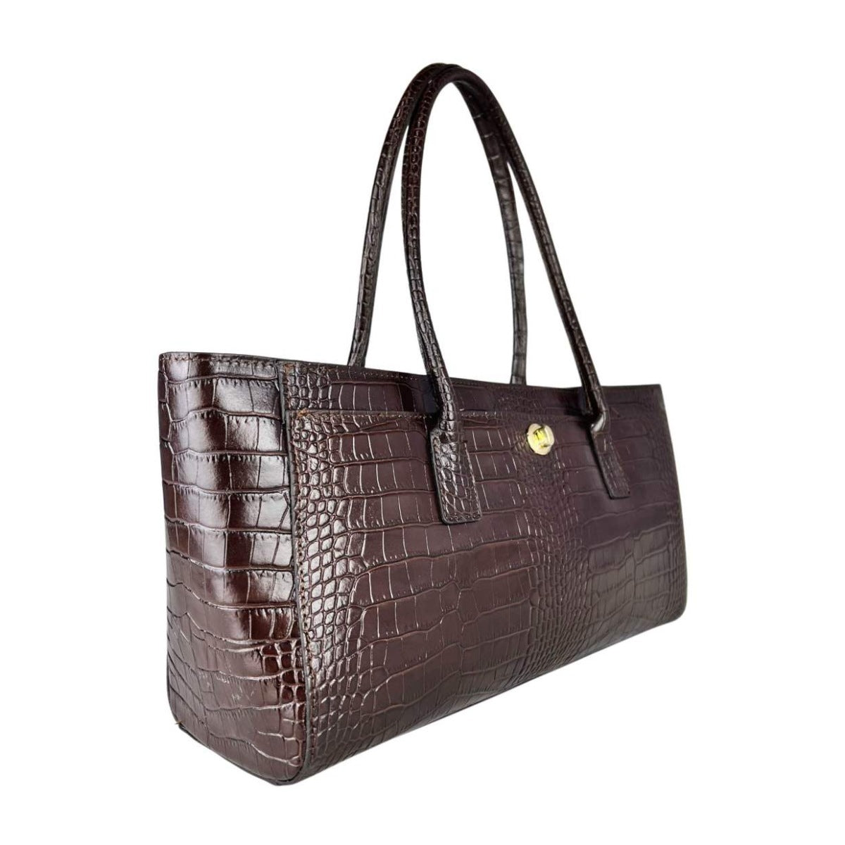 MI627 Dark Brown Croc-Print Leather Shoulder Bag