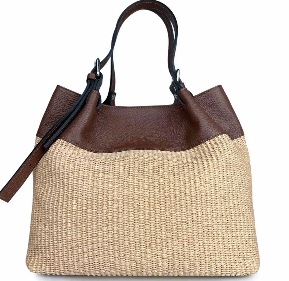 MIBB Brown Chic rectangular woven and leather tote bag