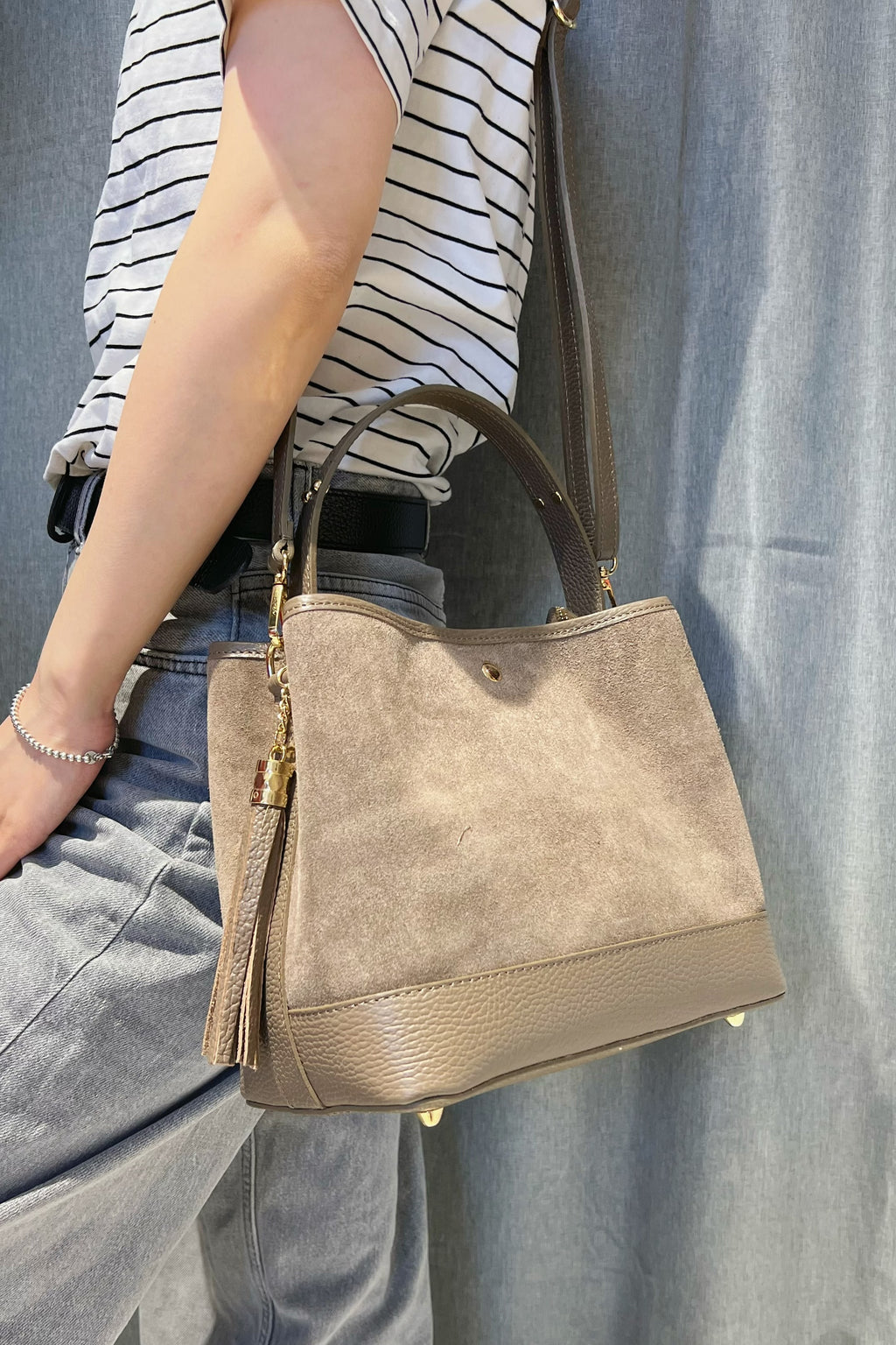 ZZ062 Taupe Leather Suede Bucket Bag