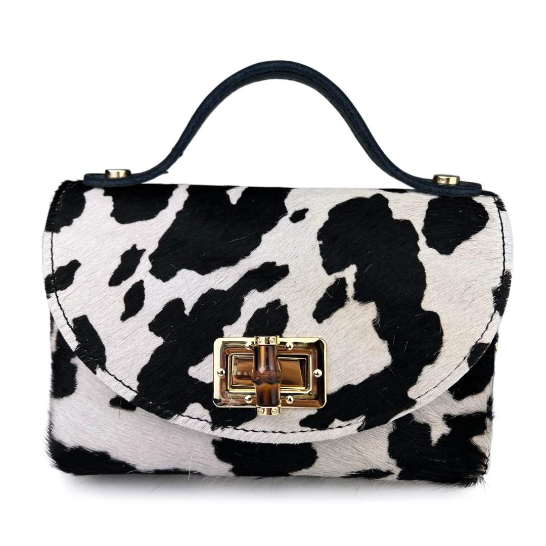 Mi253 Cow Print Pony Hair Bamboo-Clasp Bag