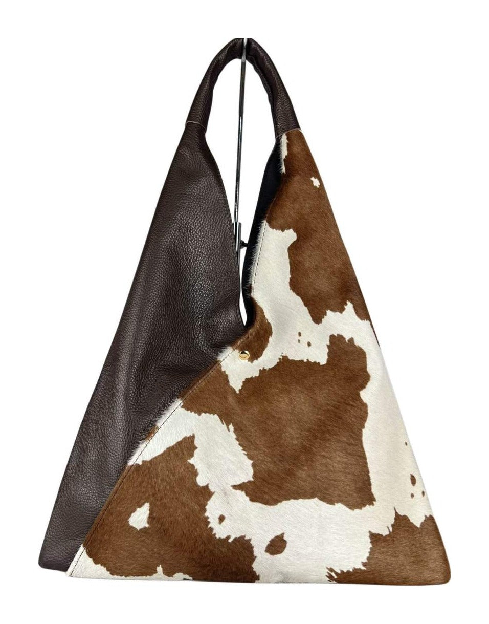 MI550 Brown & White Cow Print Pony Hair Triangle Bag
