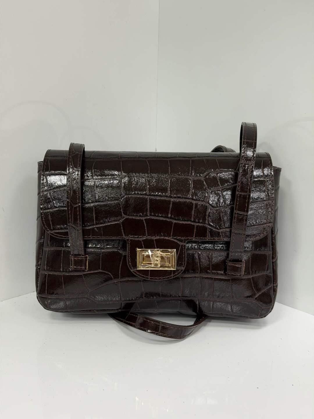 ST155 Dark Brown Croco Print Leather Shoulder Bag