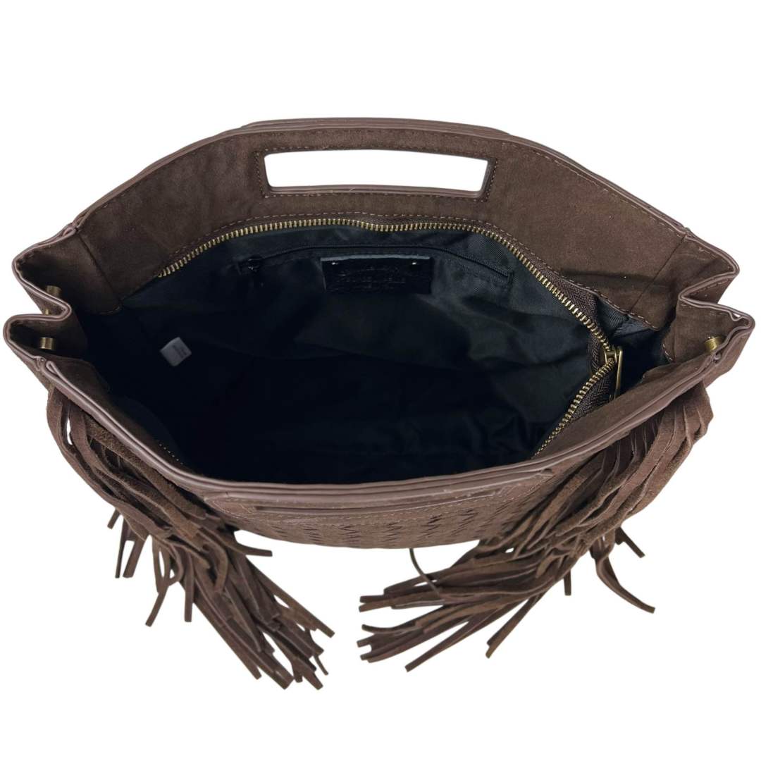 MI483 Dark Brown Suede Woven Fringe Bag